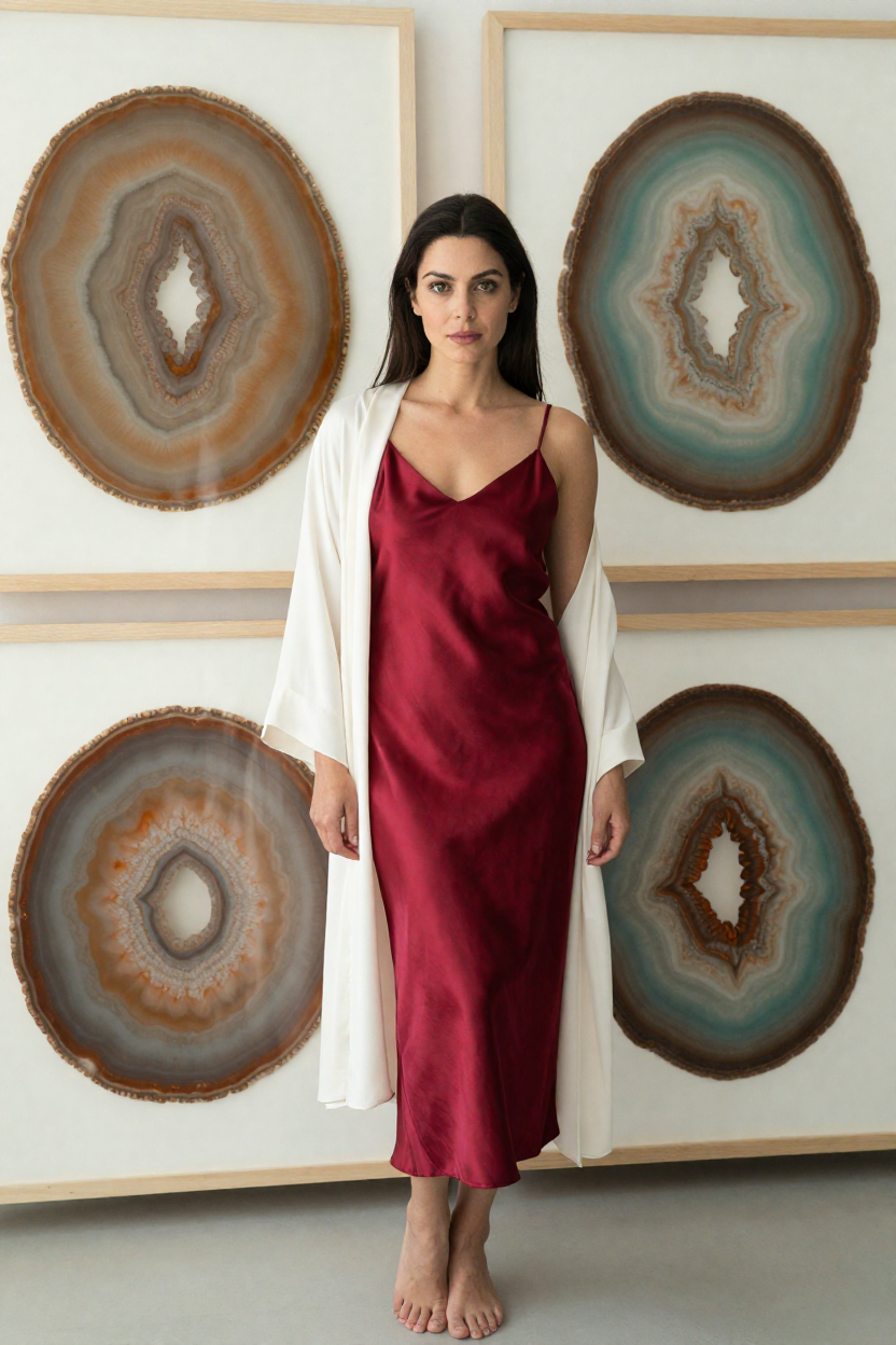 Full-length boudoir portrait of a fictional 28-year-old woman with LONG dark hair parted in the centre,